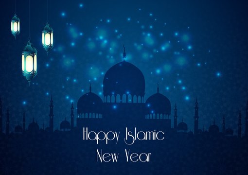 Happy islamic new year with silhouette mosque and lantern