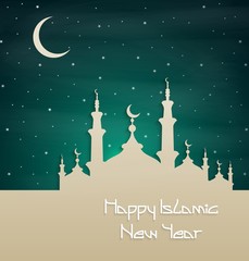 Islamic new year with silhouette mosque at night