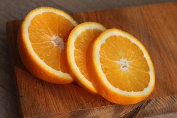 the orange cut on a cutting Board