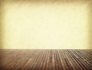 old paper in room interior with wood floor background