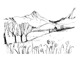Remarkable Georgian landscape sketch. Black and white hand drawn outline vector illustration.