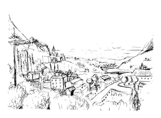 Remarkable Georgian landscape sketch. Black and white hand drawn outline vector illustration. © Good Studio