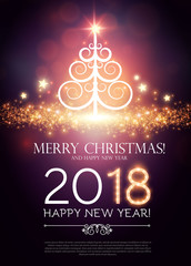 Happy New 2018 Year poster and flyer template. Spotlights, fir tree, snowflakes, stars and Christmas lettering. Shining Christmas tree. Vector illustration