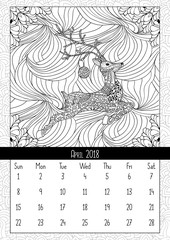 Christmas deer handdrawn, calendar april 2018 year. Coloring book poster for adults and kids with traditional holiday symbol reindeer with ball. Black and white vector illustration in doodle style