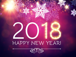 Happy New 2018 Year! Lights Background with Bokeh Effect, Snow and Fireworks. Vector illustration