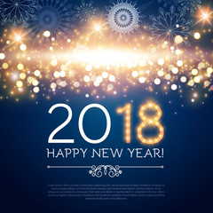 Happy New 2018 Year! Lights Background with Bokeh Effect, Snow and Fireworks. Vector illustration