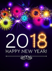 Happy New 2018 Year! Lights Background with Bokeh Effect, Snow and Fireworks. Vector illustration