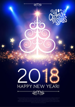 Happy New 2018 Year poster and flyer template. Spotlights, fir tree, snowflakes, stars and Christmas lettering. Shining Christmas tree. Vector illustration