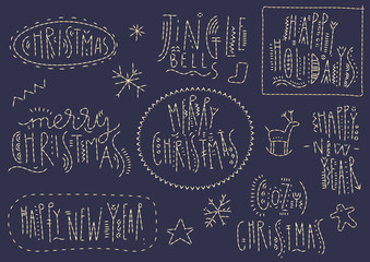 Concept of Vector Christmas lettering. Collection of emblems made of white stitches on black background.