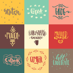 Vector set of hand drawn trendy lettering of christmas hot drinks. For menu design, greeting cards, invitations, logotypes, posters.