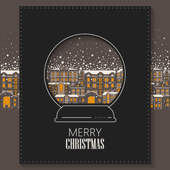 Vector concept of Christmas greeting card cut out of paper. Ancient night  city during a snowfall inside the snow globe.