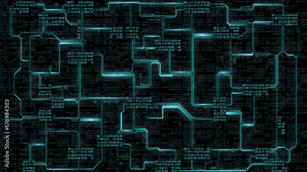 Poster Abstract futuristic electronic circuit board with binary code, computer digital technology background
