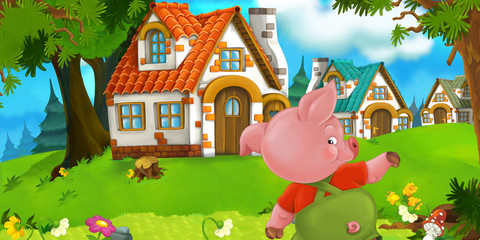 Cartoon scene pig farmer near traditional village - illustration for children