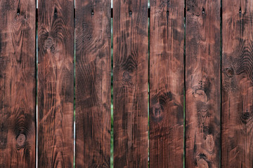 Brown, wooden board fence. Dark vintage wooden boards. Backgrounds and textures fence painted. Front view. Attract a beautiful vintage.