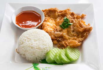 Thailand food , Thai style pork omelette and chilli sauce