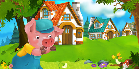 Obraz na płótnie Canvas Cartoon scene pig farmer near traditional village - illustration for children