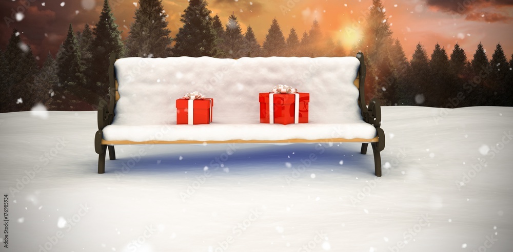 Poster composite image of digitally generated image of gift boxes on