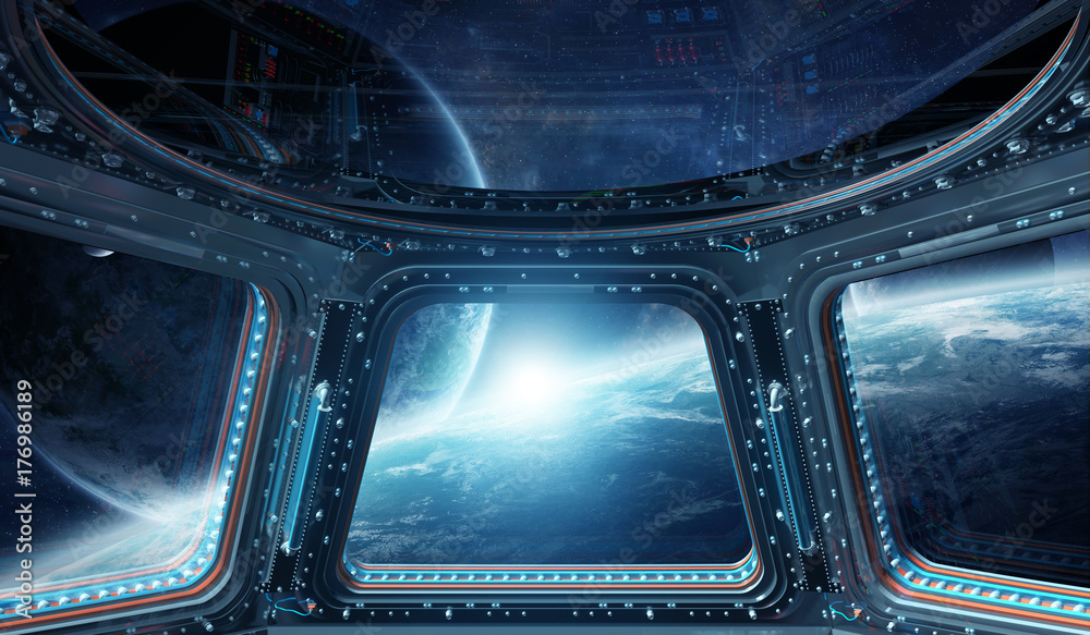 Poster View of outer space from a space station window 3D rendering elements of this image furnished by NASA