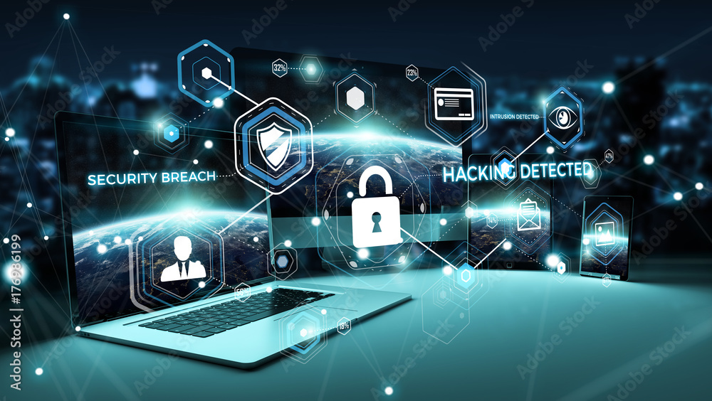 Poster Antivirus interface over modern tech devices 3D rendering