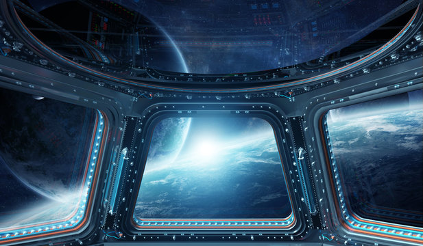 Fototapeta View of outer space from a space station window 3D rendering elements of this image furnished by NASA