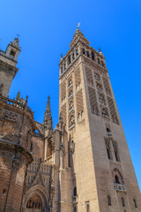 Seville Cathedral from street. Gothic style cathedral in Andalusia, Spain.