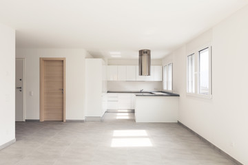 Empty modern apartment, empty spaces and white walls