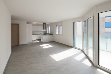 Empty modern apartment, empty spaces and white walls