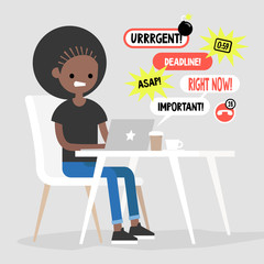 Black female manager receiving a bunch of notifications on the laptop messenger. Troubleshooting. Deadlines and urgent tasks. Business situation. Flat editable vector illustration, clip art