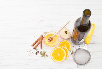 Ingredients for mulled wine on white kitchen table