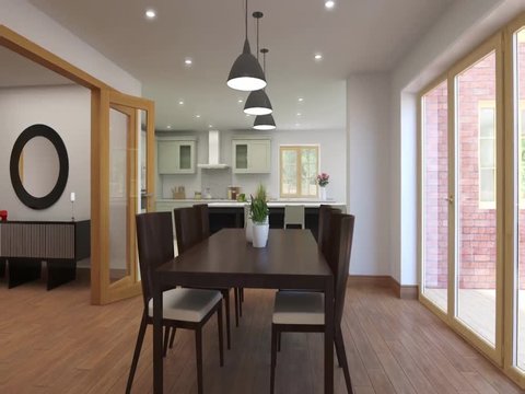 3d animation of kitchen and dinningroom interior.