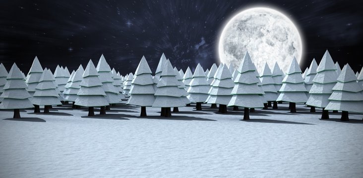 Composite image of snow covering christmas trees on field at