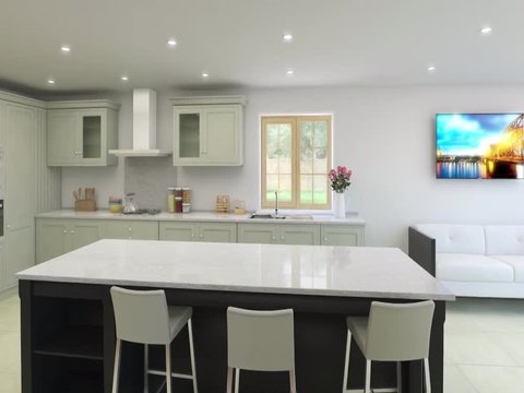 3d animation of kitchen and dinningroom interior.