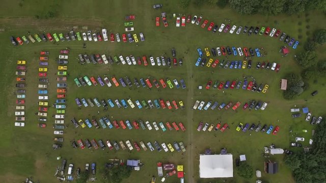 Aerial Colourful Classic Car Show Above High Pan Sideways 4k