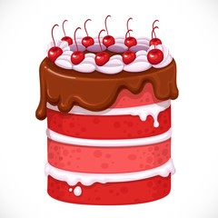 Delicious cake with cherry, glaze and cream isolated on a white background