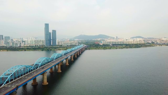  Aerial view.Transport traffic on Dongjak speedway in Seoul ,South Korea