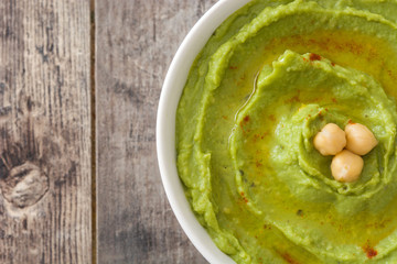 Avocado hummus in bowl on wooden table.Top view