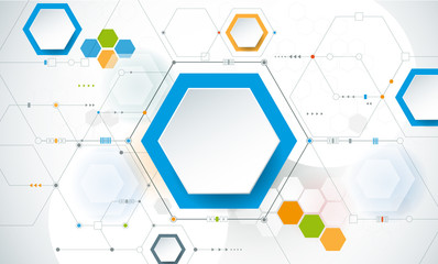 Vector futuristic illustration circuit board and 3D paper hexagons background. Hi-tech digital technology and engineering, telecom or technology concept.