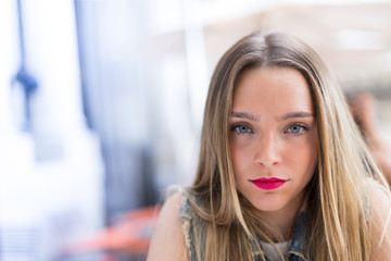 Bored and tired young girl, portrait photo with copy space