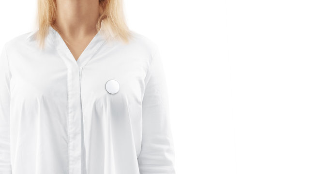 Blank White Round Silver Lapel Badge Mockup On Woman Chest. Empty Hard Enamel Pin Mock Up Wear On Shirt. Metal Clasp-pin Medal Design Template. Expensive Curcular Brooch For Logo Presentation