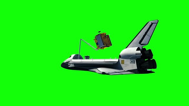 Space Shuttle Deploying Communication Satellite. Green Screen. 3D Animation.