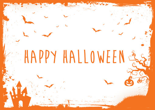Happy Halloween banner, orange text,  bats, pumpkin, house border