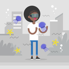 Augmented reality conceptual illustration. Young character wearing vr headset and walking around the city surrounded by the augmented reality images of marine life. Flat editable vector illustration