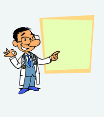 Happy asian doctor makes the gesture of ok. Is showing, as in a presentation, the data you want.