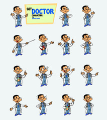 Asian doctor. Set of postures of the same character in different expressions. Sad, happy, angry ... Always showing, as in a presentation, the data you want.