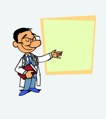 Asian doctor points, relaxed, with a book in his hand. Is showing, as in a presentation, the data you want.