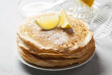 English-style pancakes with lemon and sugar, traditional for Shrove Tuesday.