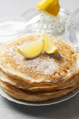 English-style pancakes with lemon and sugar, traditional for Shrove Tuesday.
