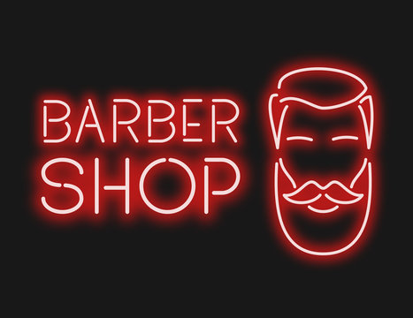 Neon sign barber shop. Red neon sign man with beard and mustache, inscription barber shop. On a black background. Vector illustration.