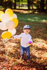 Little boy in blue cap walks with balloons in the park