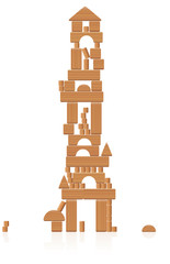 Wooden tower building made of toy blocks - many different natural wood elements - a typical childhood concentration game. Vector on white background.